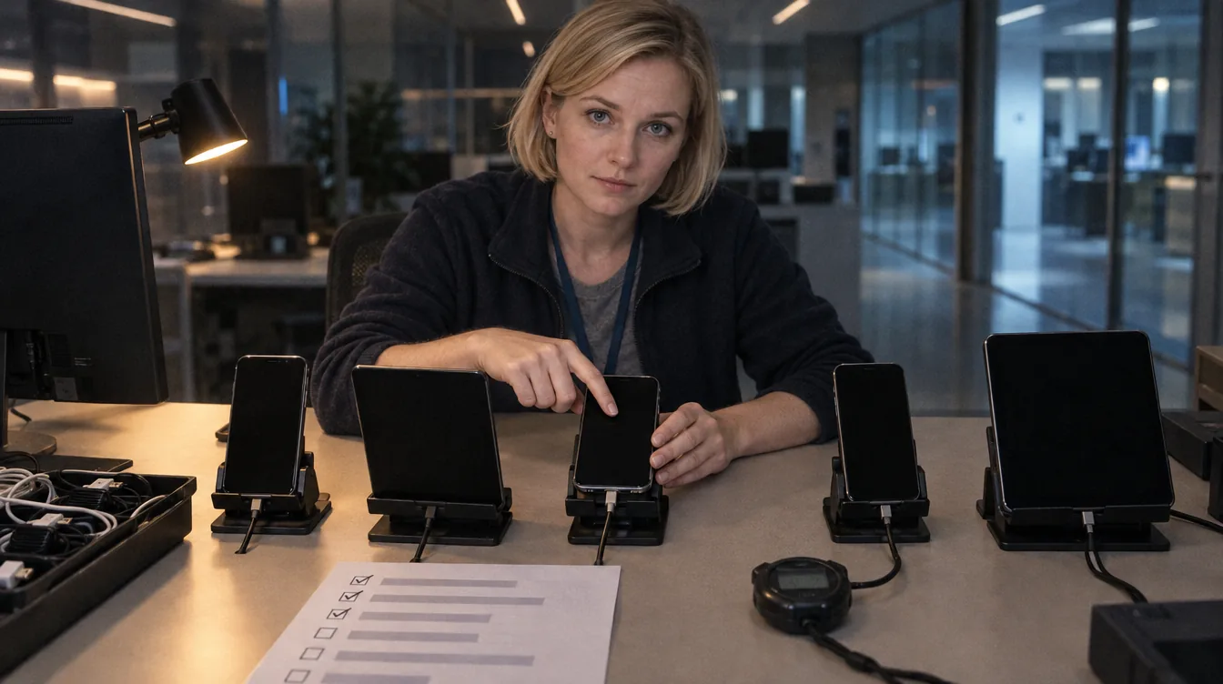 A desk with test devices: several phones on stands, a person holds one of them and taps the screen.
