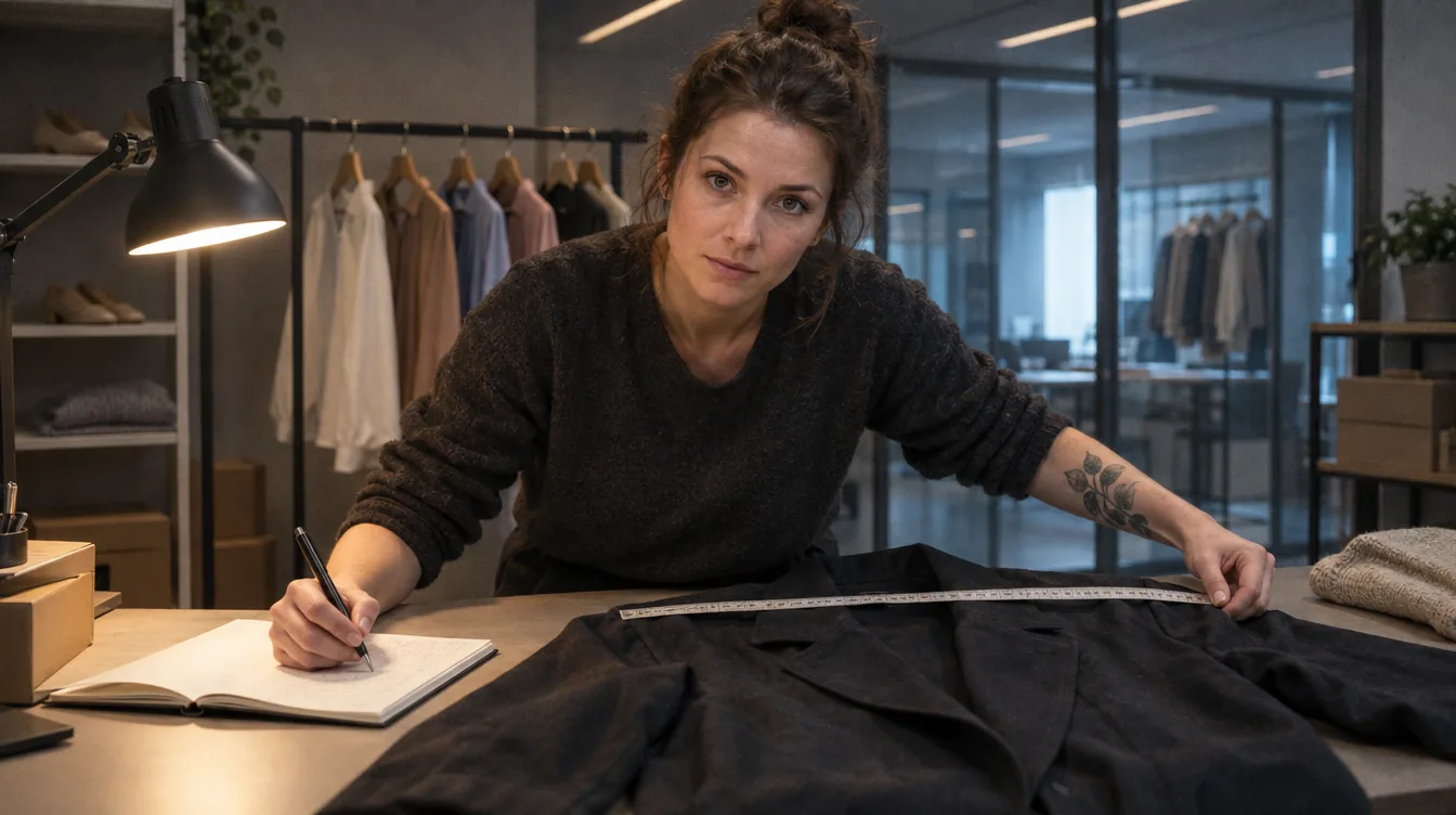 Office next to the store of clothing samples: a jacket spread out on the worktop, a person measures the width across the shoulders with a tape and writes the measurement down in a notebook, a rail of blouses and a pair of shoes next to it.