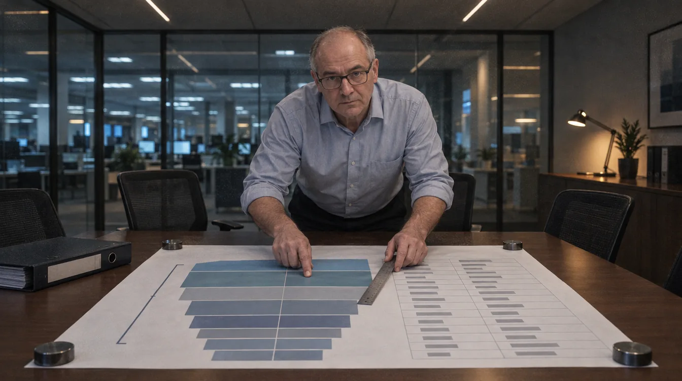 Conference room, a review of the programme before renewal: an insurance programme sheet spread out with the layers one above another, a thick binder of policies next to it, a person marks the boundary between the layers with a ruler.