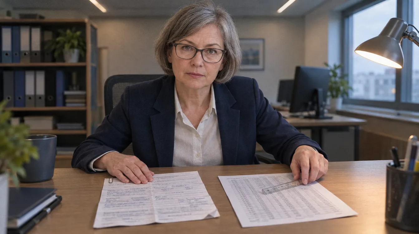 An office, an application and a rate table: the application next to the rate table, a person lays a ruler against the row that applies to this case.