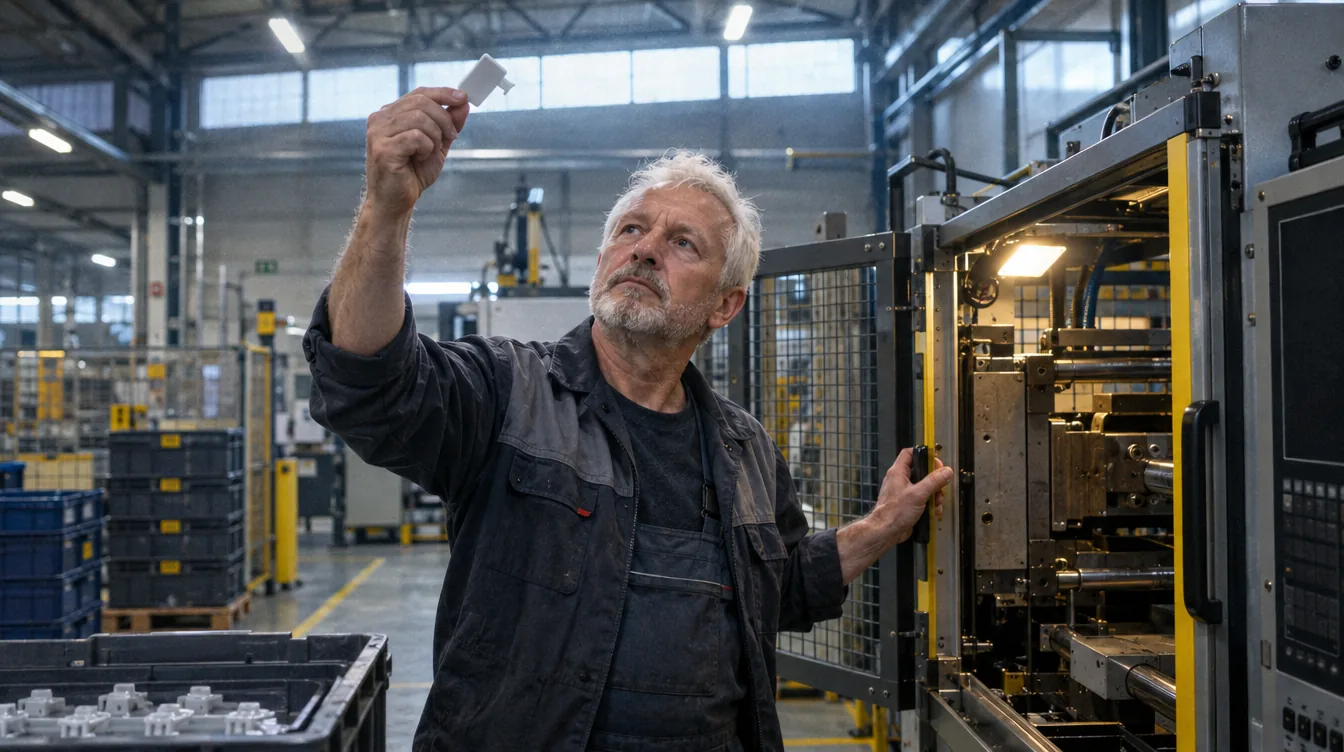 Shop floor, the start-up of a new batch: a person holds the first product of the run and looks at it against the light.