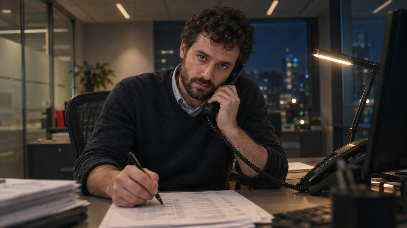 A small office, the handset at the ear: a list with items marked, a person ticks one of them off during the call.