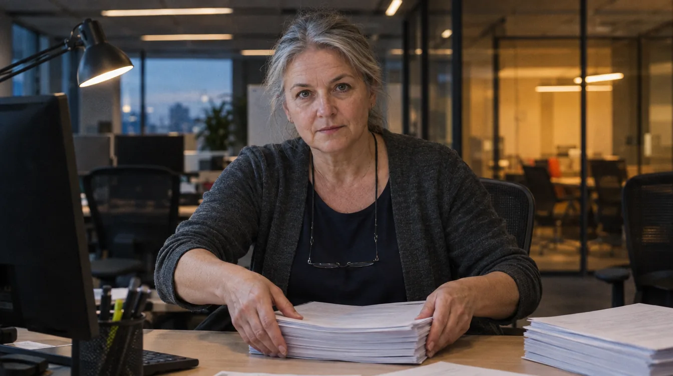 Open space, a desk with two monitors with their backs to the camera: a stack of printed reports, a person squares them into a pile and sets the next ones aside.