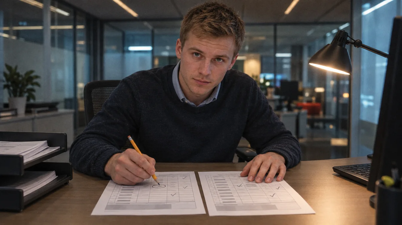 Office, two enquiries on the desk: two quotes side by side, a person compares them with a pencil.