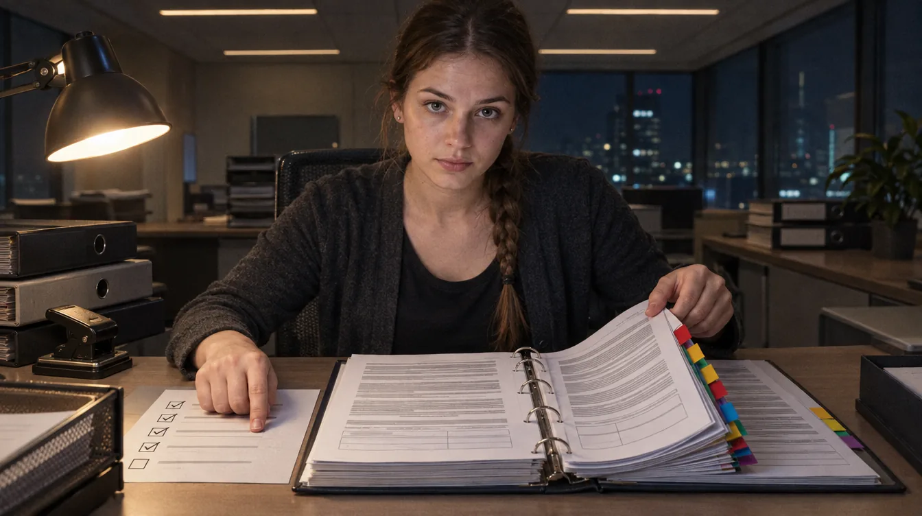Office, the tender documentation: a thick binder of tender specifications, a person checks that the attachments are complete.