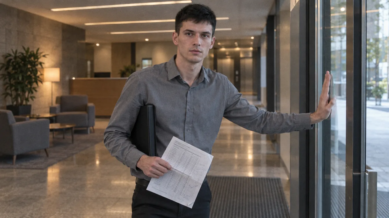 The lobby of an office building: a person checks the operation of the entrance door leaf, an inspection protocol sheet in the hand, a closed binder under the arm.