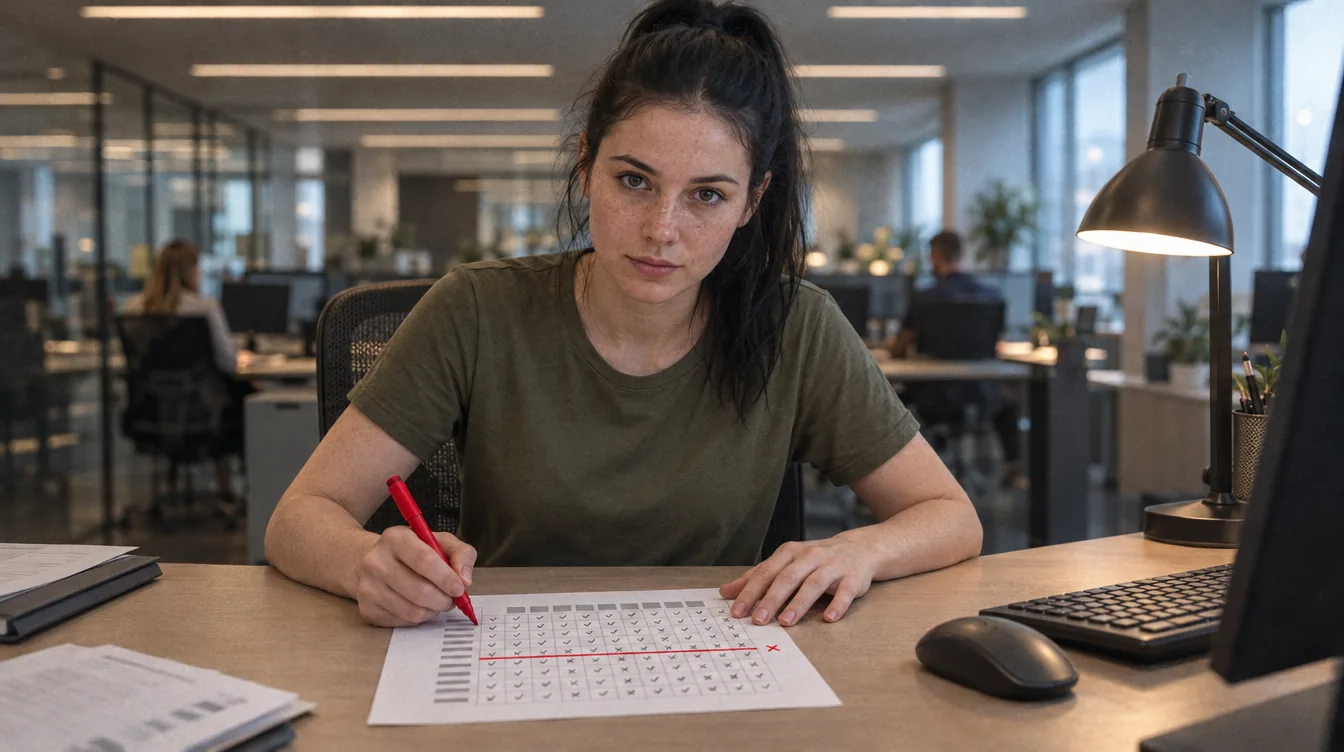 A desk, an access review: a printed access matrix - rows of people, columns of systems, ticks and crosses in the cells; a person crosses out one whole row in red and writes the date in the margin.