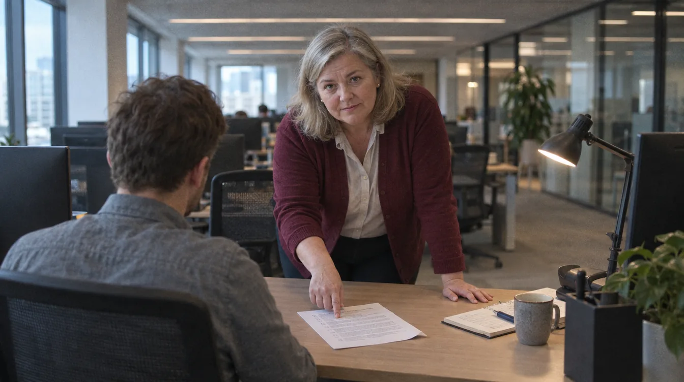 Open space during the day: a person leans over the desk of a colleague seated with their back turned and points to a spot on the card describing the new way of working lying on the desk.