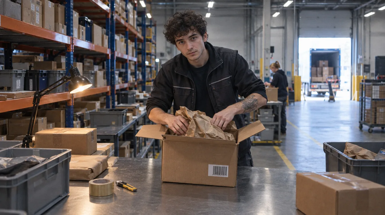 The returns area in the warehouse: a person unpacks a returned parcel on the inspection table.